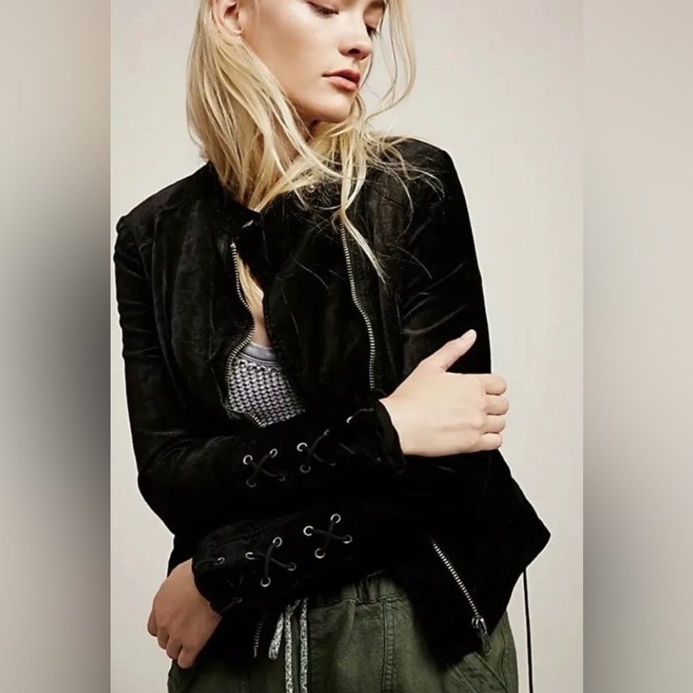 Free People Lacey Velvet Moto Jacket with Lace Detail